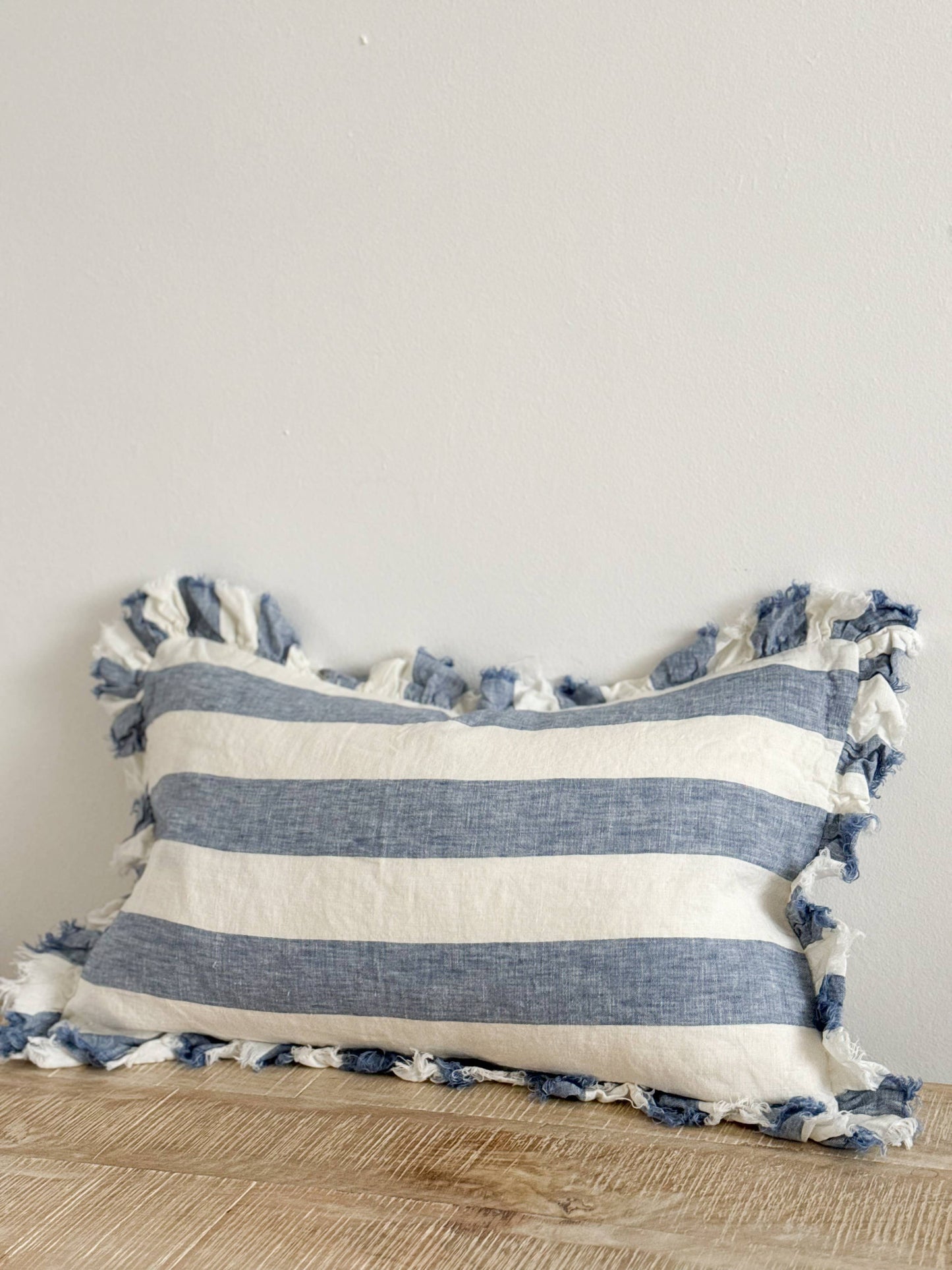 Hallie Ruffled Linen Cushion – Blue Wide Stripe: 45 x 45 cm