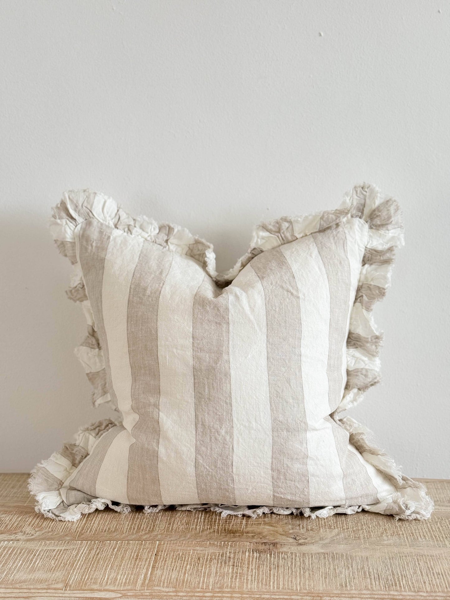 Hallie Ruffled Linen Cushion Cover 45 x 45cm – Beige & Cream Wide Stripe
