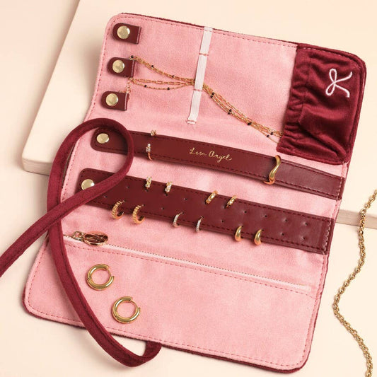 Burgundy Bow Embroidered Velvet Jewellery Roll