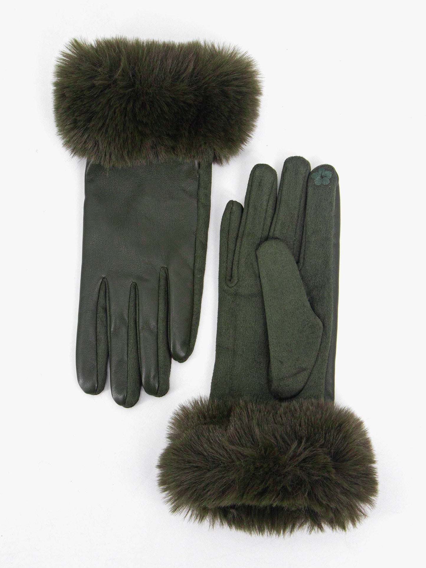 Maya Faux Fur Cuff Gloves - Khaki, PU: One-size