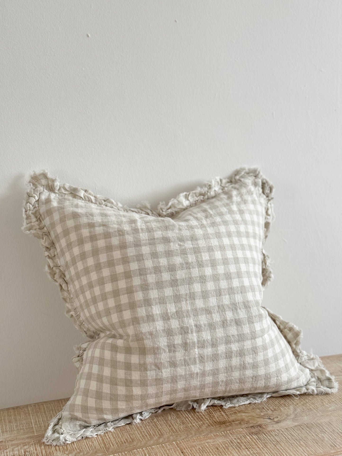 Hattie Ruffled Linen Cushion Cover Natural Gingham 45 x 45 cm