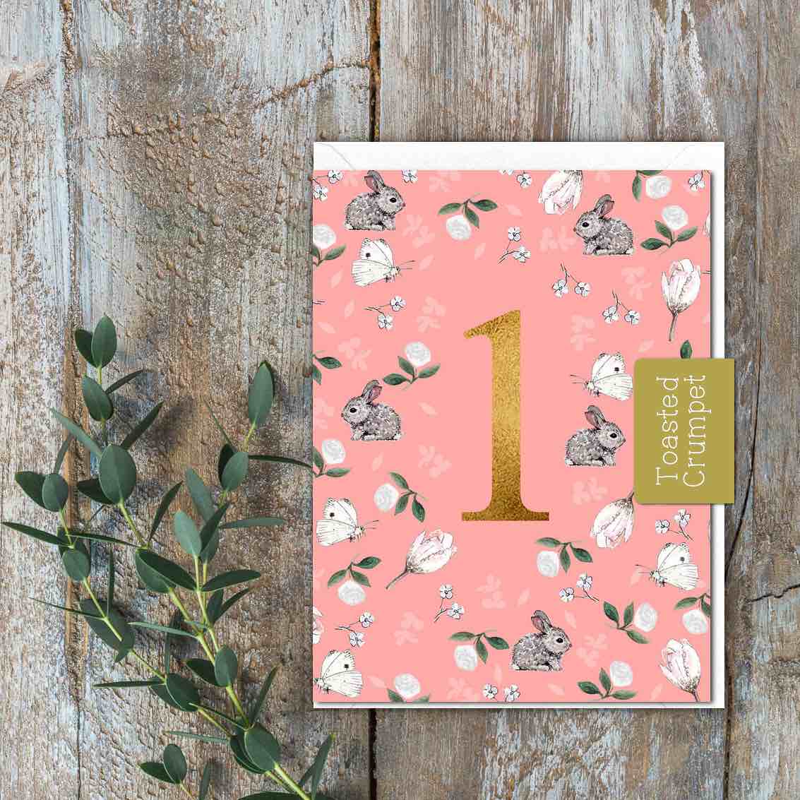 "One" Birthday Milestone (Pink Bunnies & Butterflies) Card