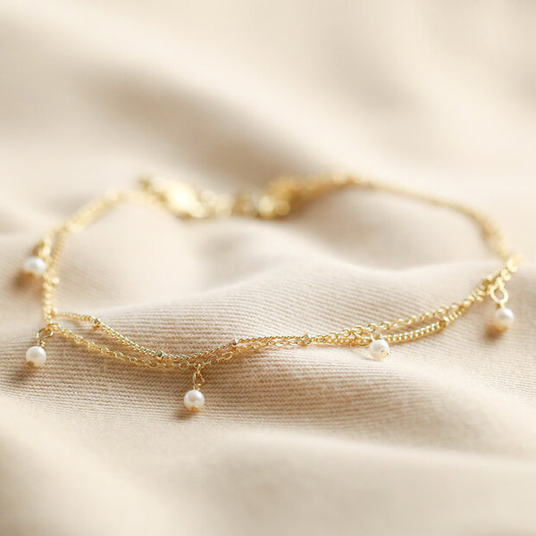 Set of 2 Pearl and Chain Anklets in Gold