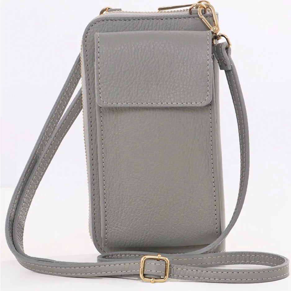 Light Grey Leather Mobile Phone Wallet Combo Bag