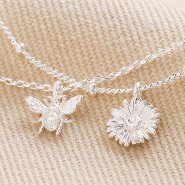 Set of 2 Daisy and Bee Chain Bracelets in Silver
