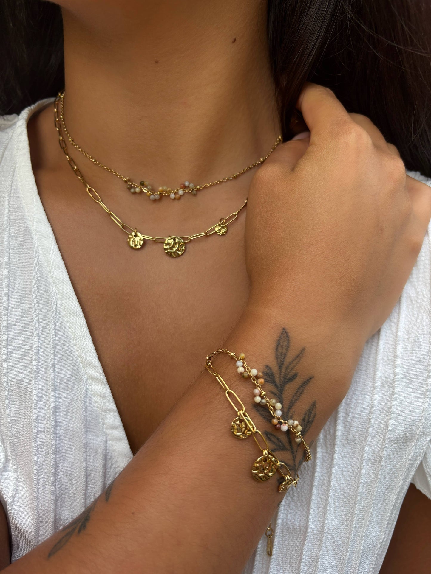 18ct Gold Plated Tourmaline Beads Double Chain Bracelet OR43