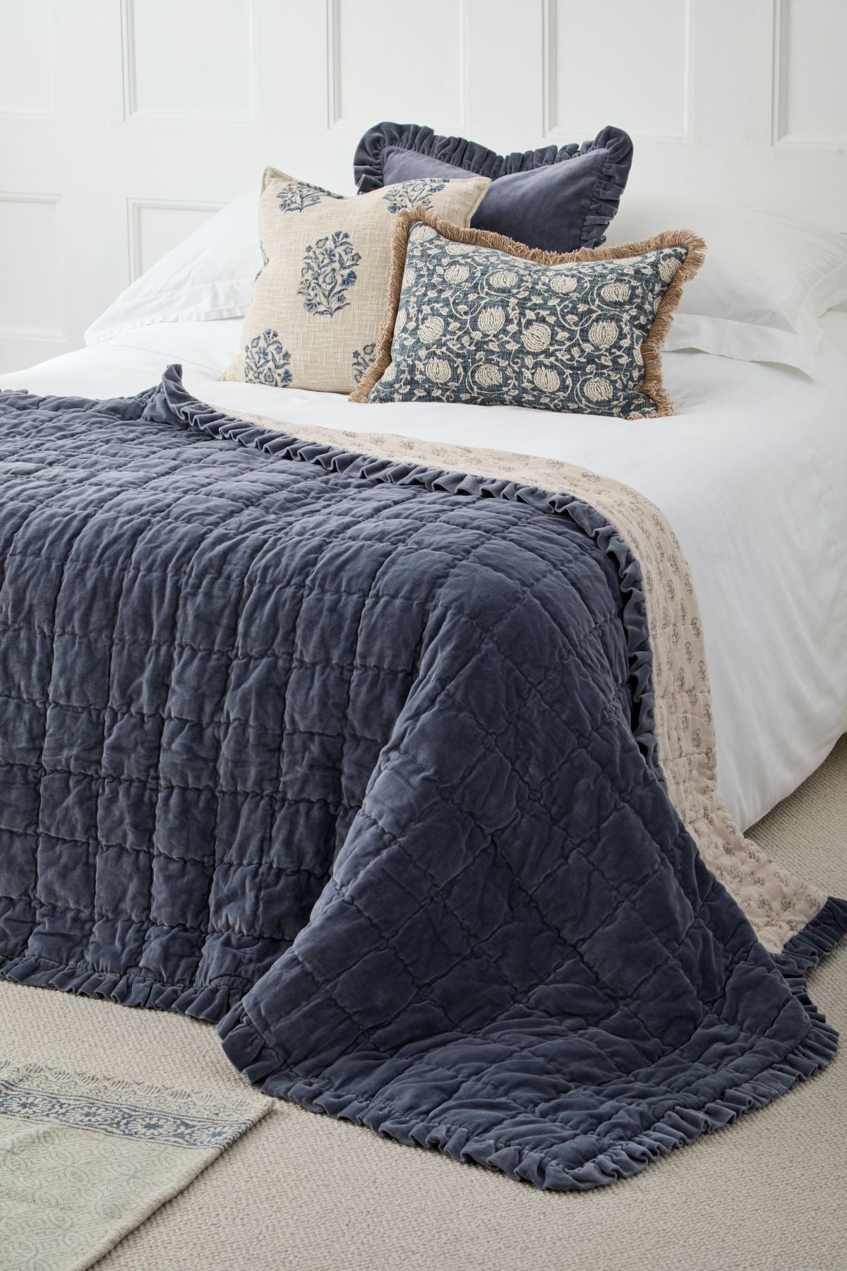 Matilda Velvet Ruffle Bedspread in Slate Blue – The Grey Corner