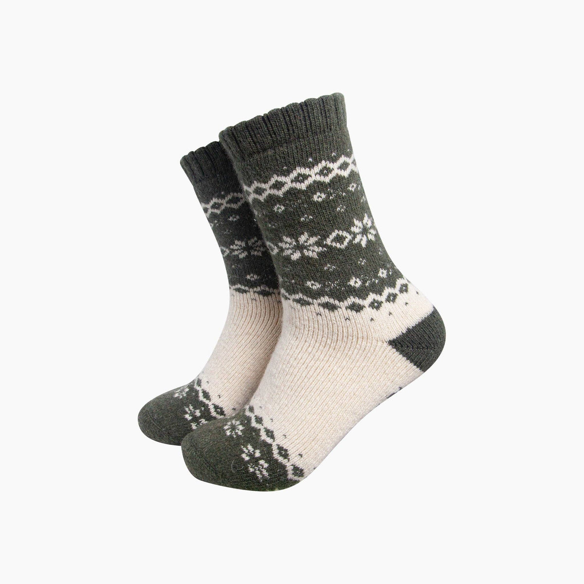 Cream/Green Nordic Snowflake Wool Socks: One Size