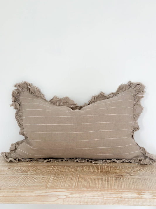 Harper Ruffled Linen Cushion 50x30 – Beige Stripe