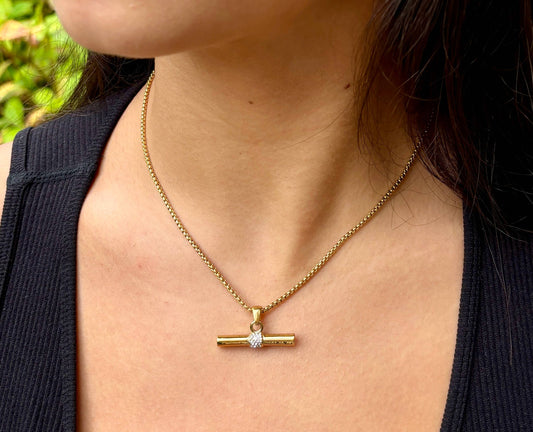 18ct Gold Plated Cubic Zirconia T Bar Necklace OR23