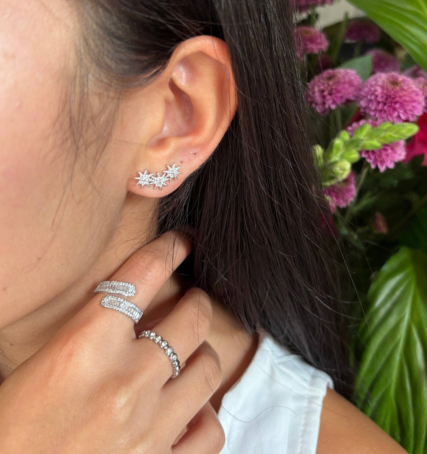 14ct Gold Plated Cubic Zirconia Triple Stars Climber Earrings OR87