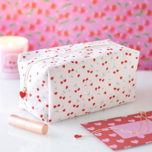 Cherry Heart Print Makeup Bag