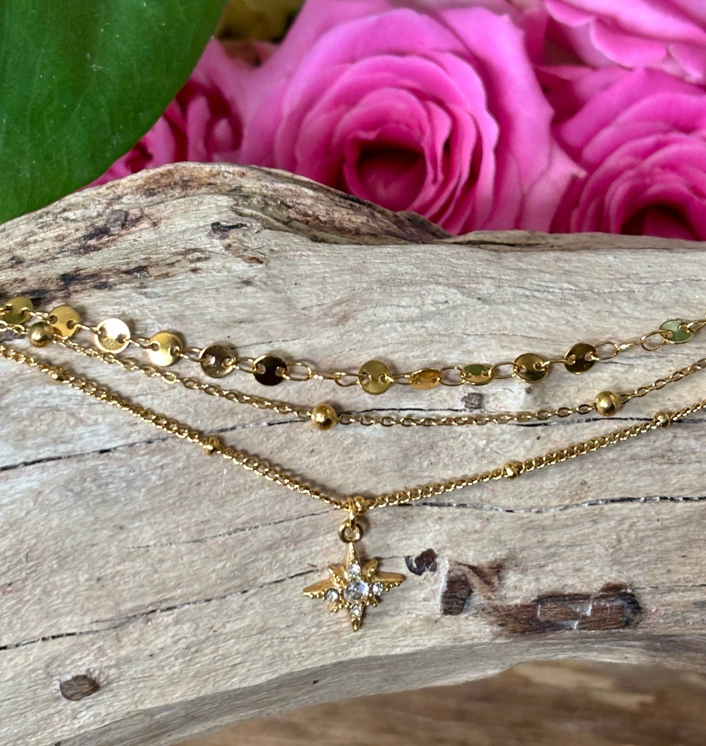 18ct Gold Plated Triple Chain Star Necklace OR44