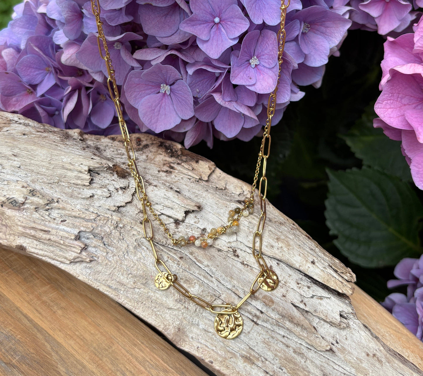 18ct Gold Plated Tourmaline Beads Double Chain Necklace OR42