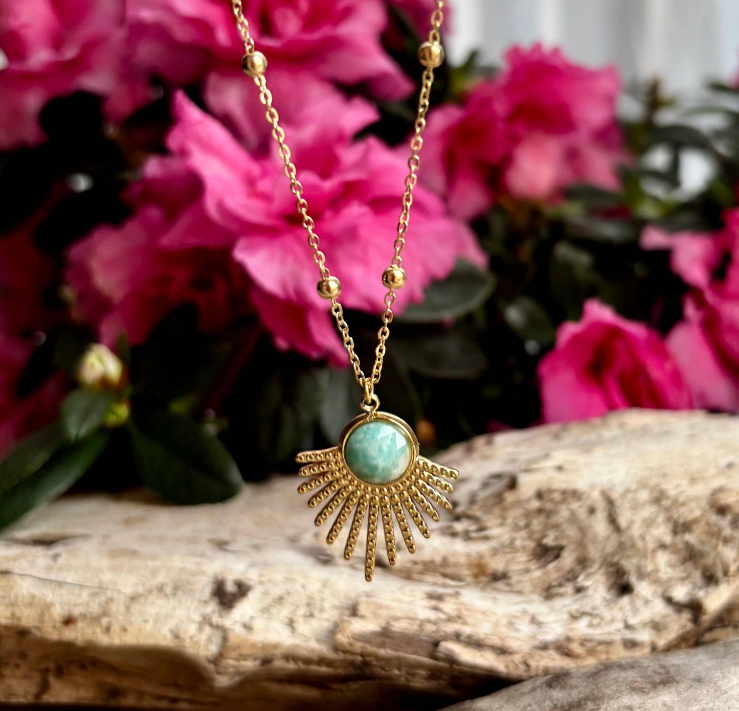 18ct Gold Plated Amazonite Feather Pendant Necklace OR54