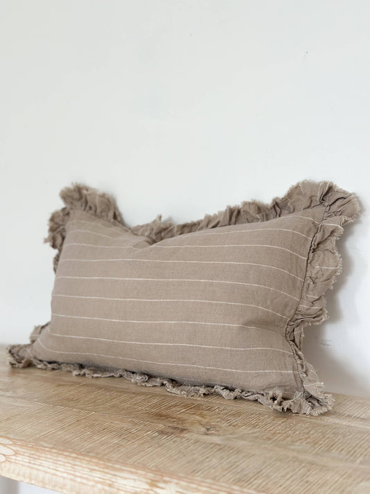 Harper Ruffled Linen Cushion 50x30 – Beige Stripe