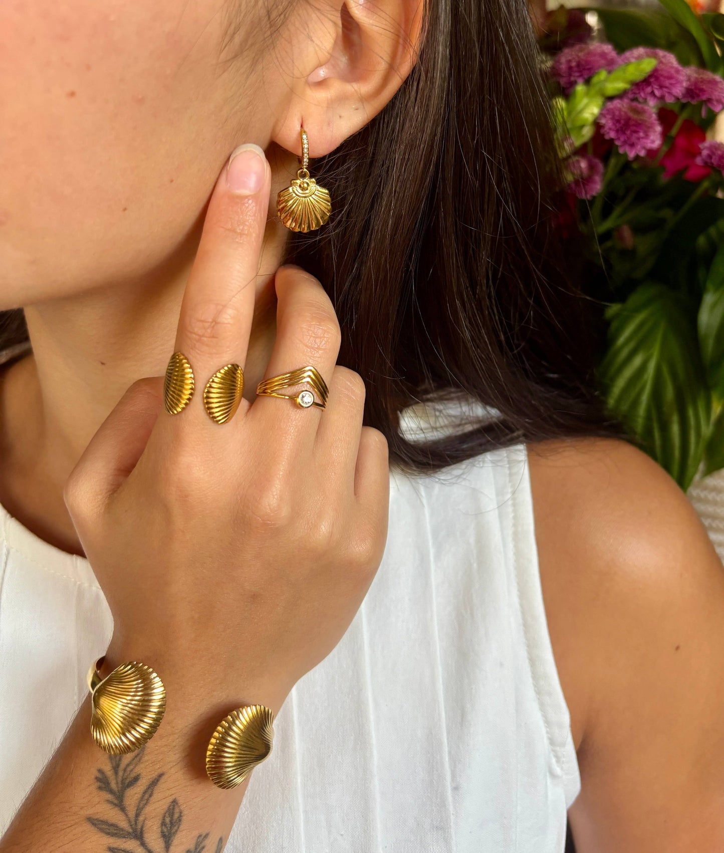 18ct Gold Plated Cubic Zirconia Shell Huggie Earrings OR11