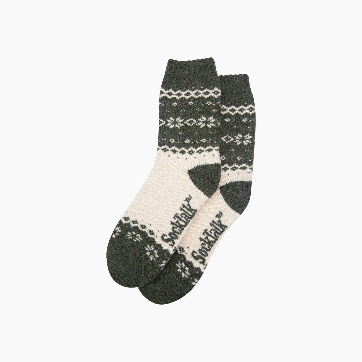 Cream/Green Nordic Snowflake Wool Socks: One Size