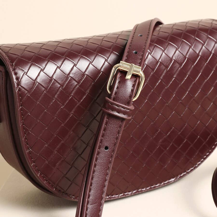Woven Vegan Leather Half Moon Crossbody Bag in Burgundy