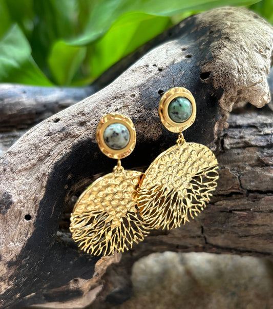 18ct Gold Plated African Turquoise Hammered Drop Earrings OR10