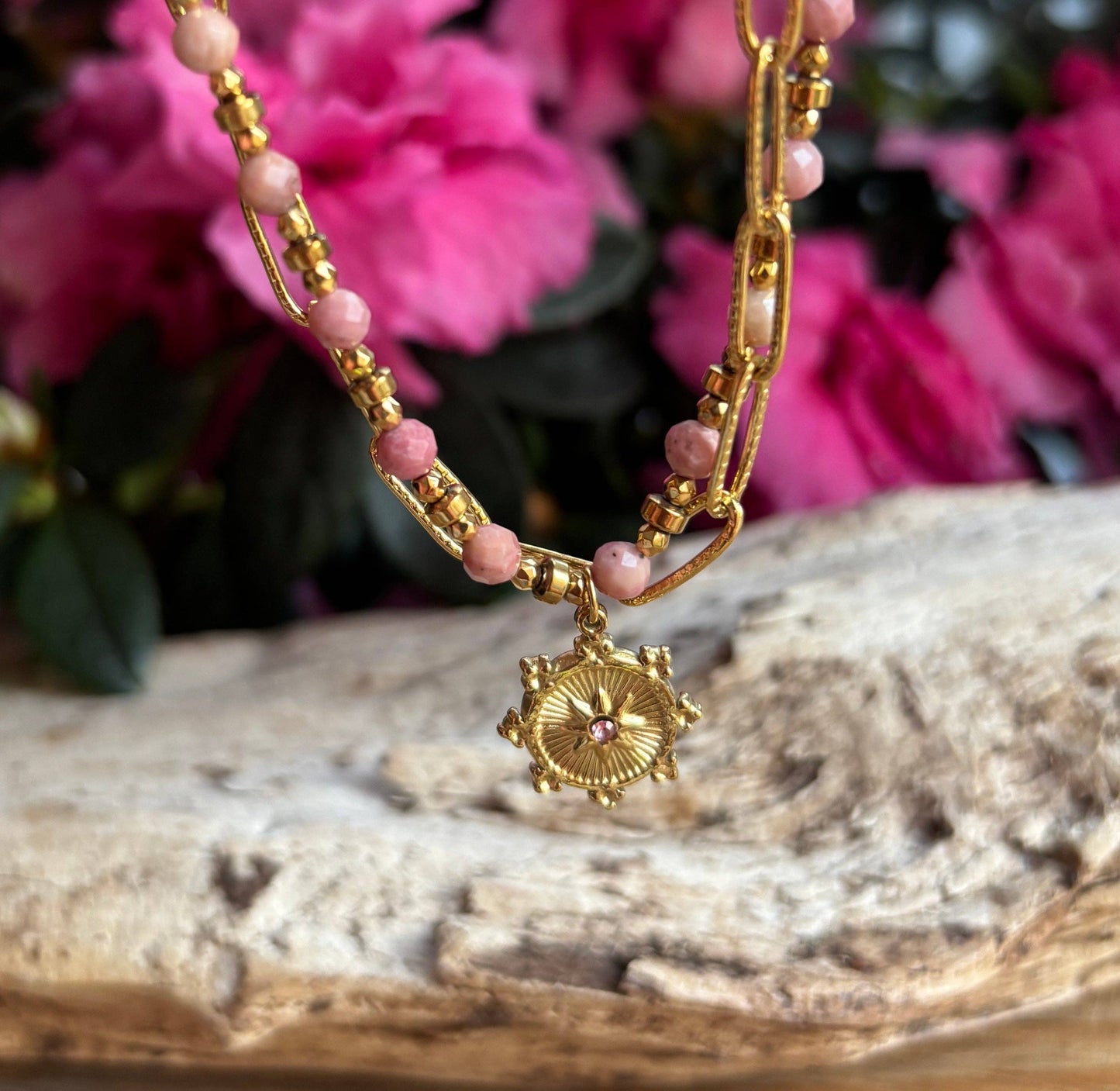 18ct Gold Plated Rhodochrosite Sun Disc Bracelet OR51