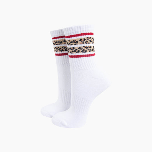 Leopard Print Striped Organic Cotton Sports Socks in White: UK 3-7 | EU 36-40 | US 5-9