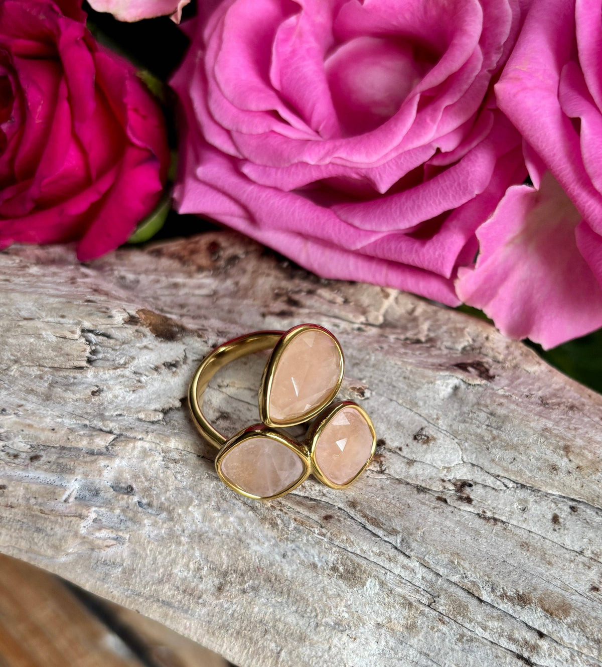 18ct Gold Plated Faceted Rose Quartz Triple Stone Ring OR97