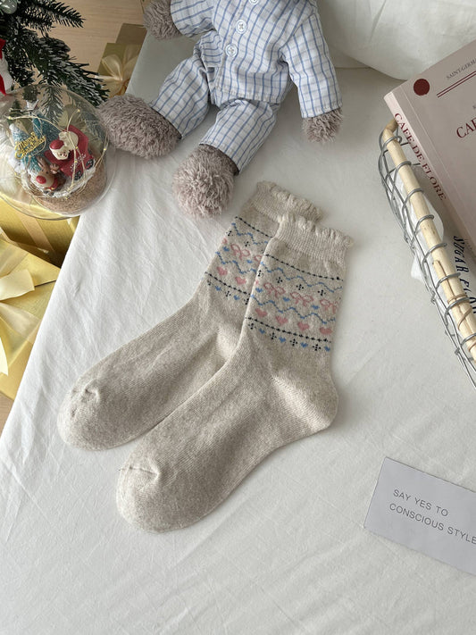 Bow & Heart Design Cream Wool Socks