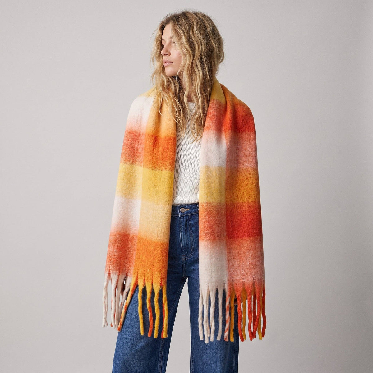 Allie Heavyweight Scarf - Orange, Colourblock Square: One-size