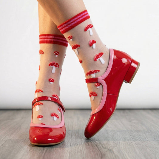 Toadstools Combed Cotton Sheer Pop Socks in Red: UK 3-7 | EU 36-40 | US 5-9