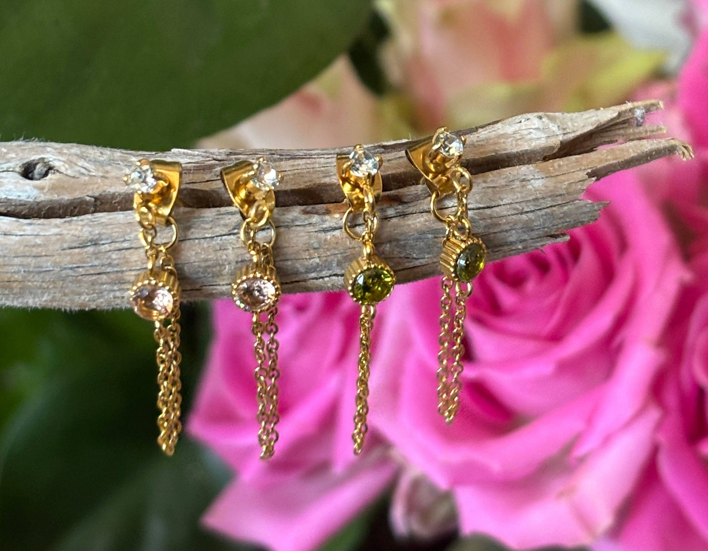 18ct Gold Plated Cubic Zirconia Stud Chain Earrings OR17