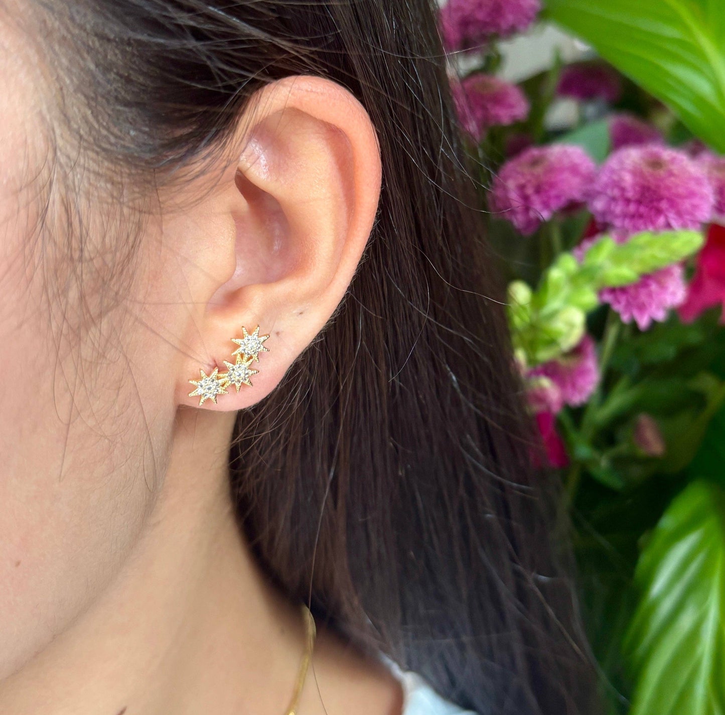 14ct Gold Plated Cubic Zirconia Triple Stars Climber Earrings OR87