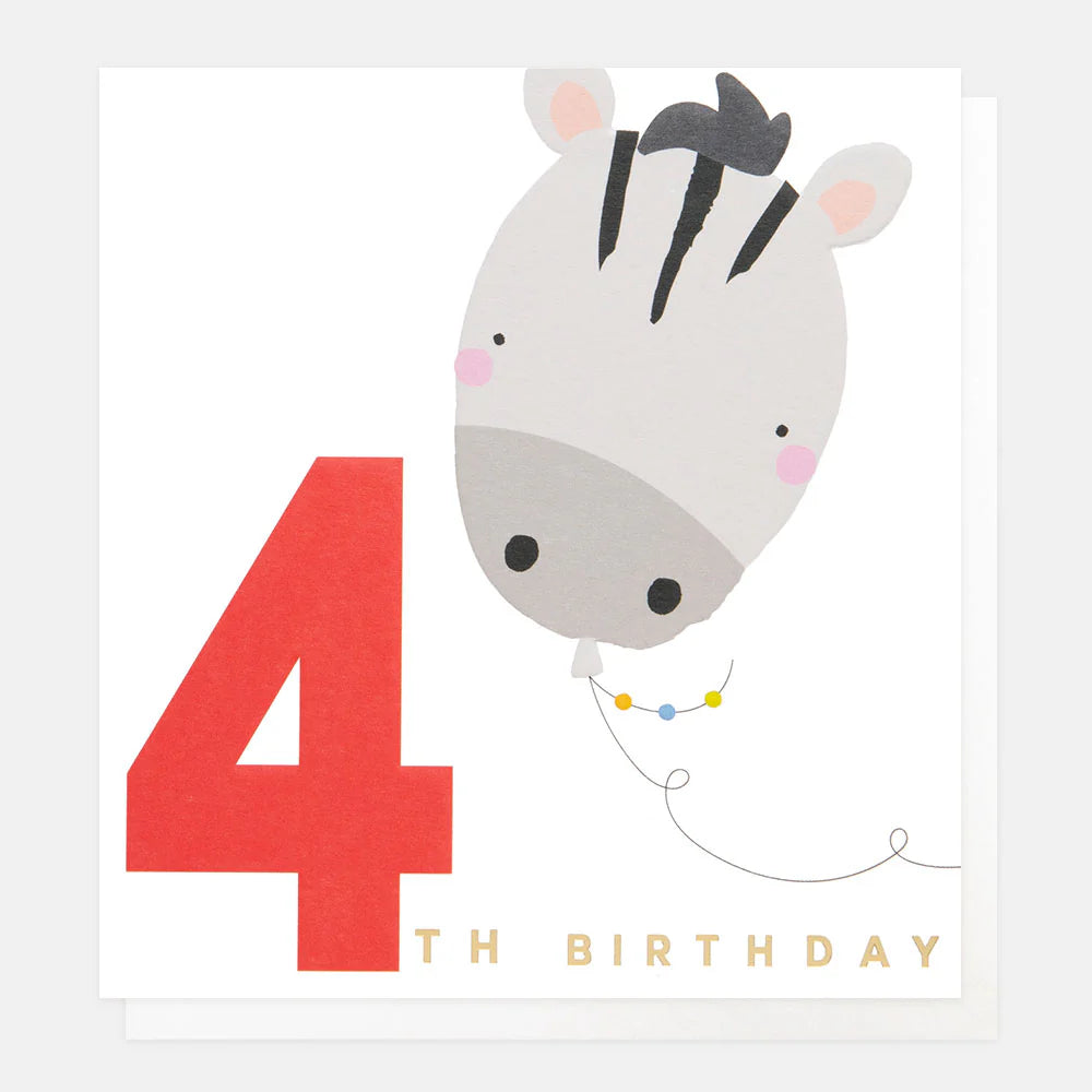 Zebra Balloon 4th Birthday Card