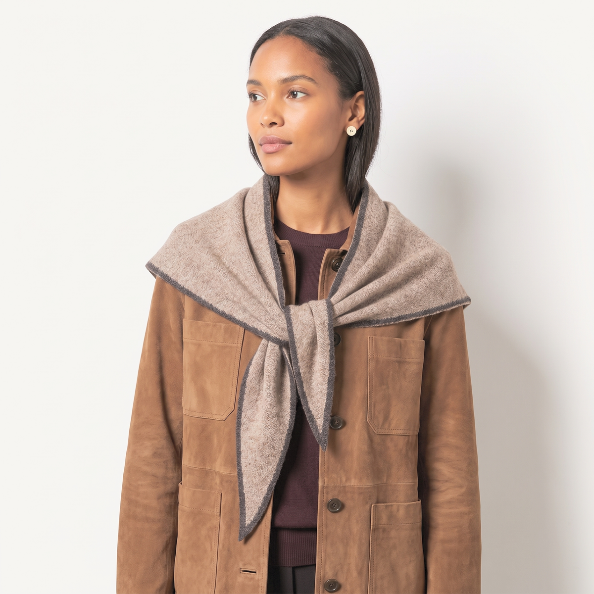 Contrast Trim Triangle Heavyweight Scarf in Beige/Brown: One Size