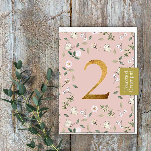 "Two" Birthday Milestone (Butterflies on Dusty Pink) Card