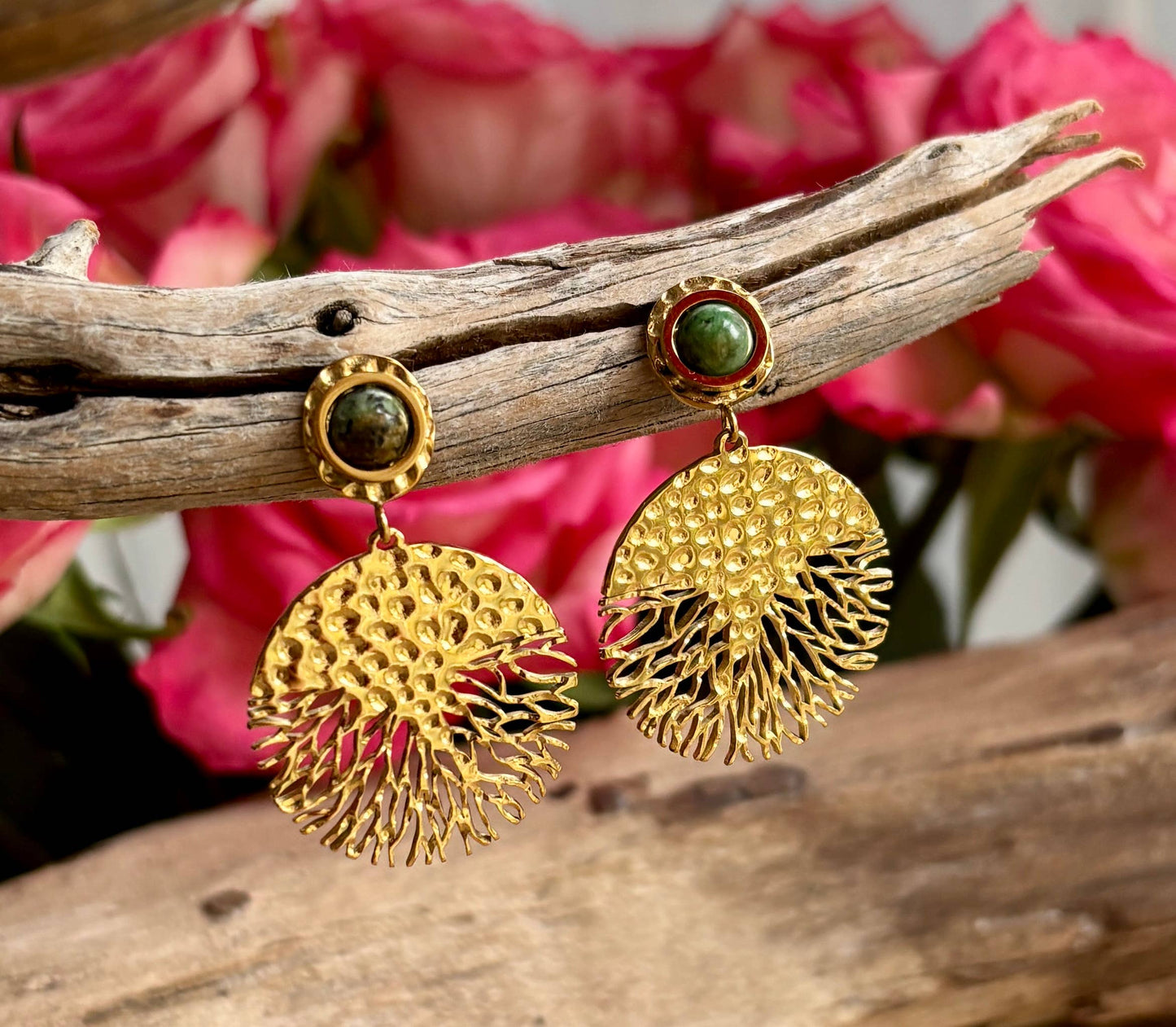 18ct Gold Plated African Turquoise Hammered Drop Earrings OR10