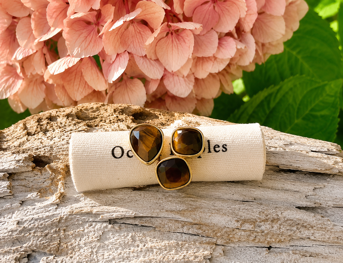 18ct Gold Plated Three Stone Tiger's Eye Ring OR95