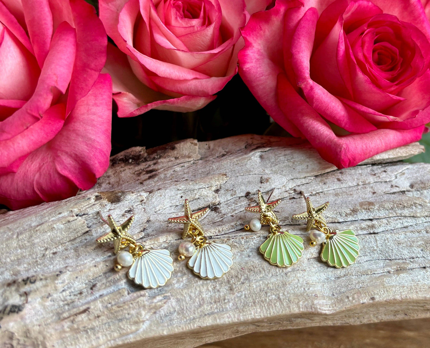 14ct Gold Plated Starfish Shell Earrings: White OR73