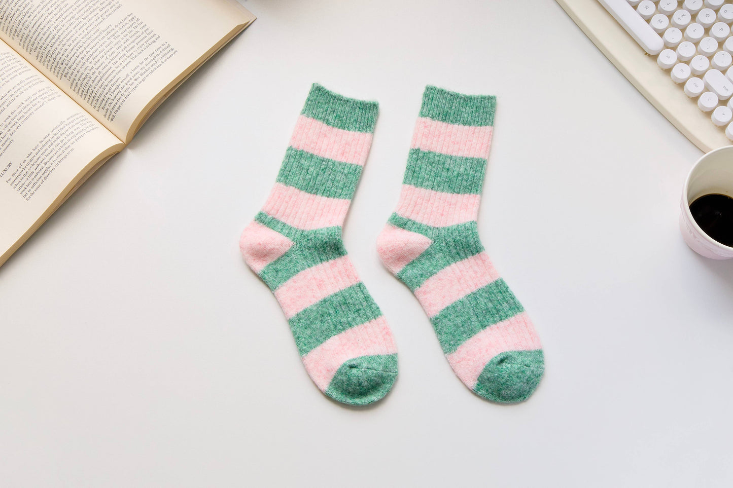 Warm Cashmere & Wool Blend Socks – Striped Winter Style: Green