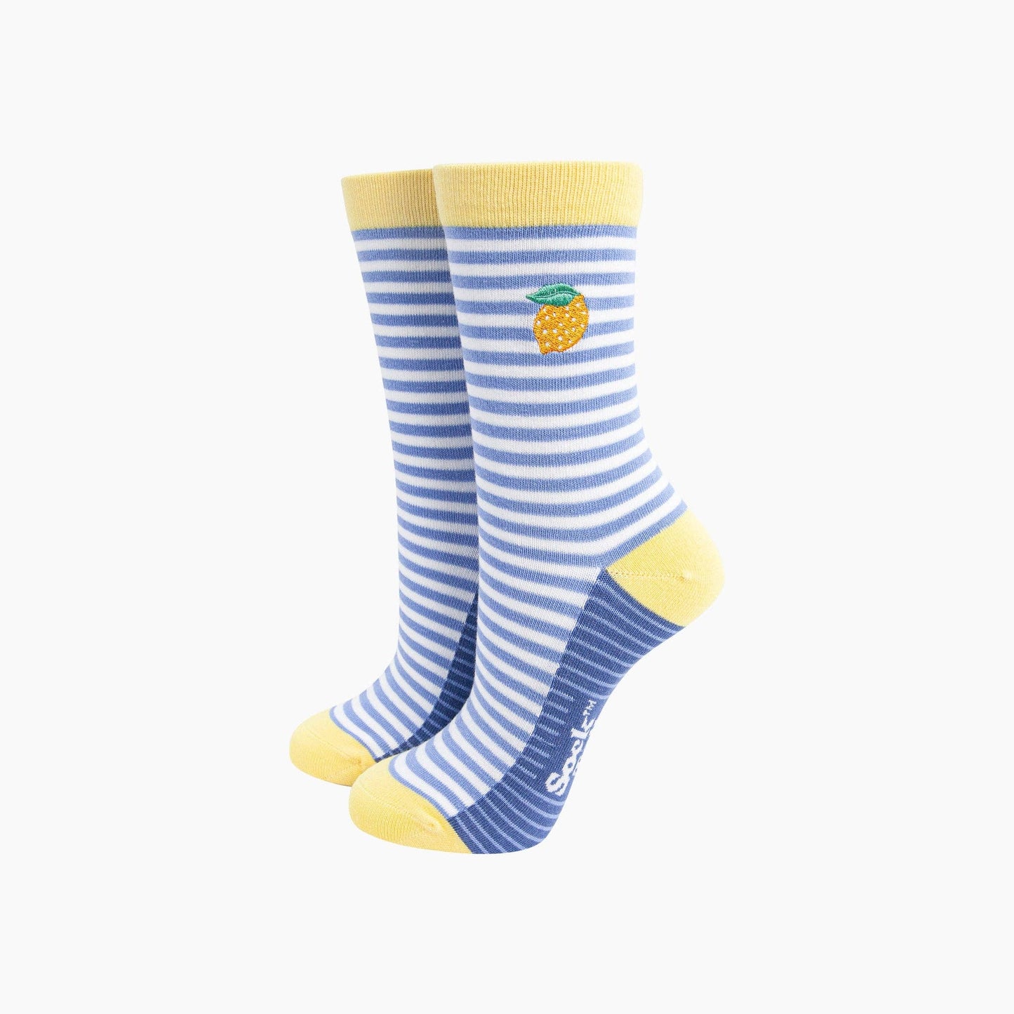 Embroidered Lemon Striped Combed Cotton Socks in Blue: UK 3-7 | EU 36-40 | US 5-9