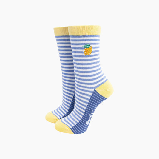 Embroidered Lemon Striped Combed Cotton Socks in Blue: UK 3-7 | EU 36-40 | US 5-9