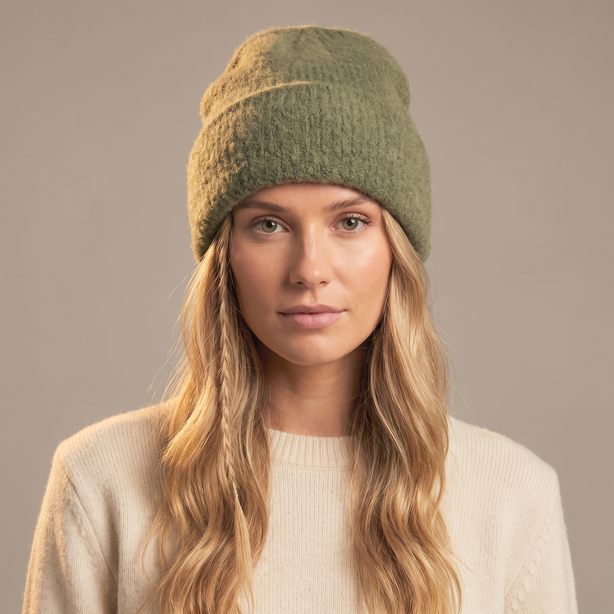 Textured Beanie Hat in Moss Green: One Size