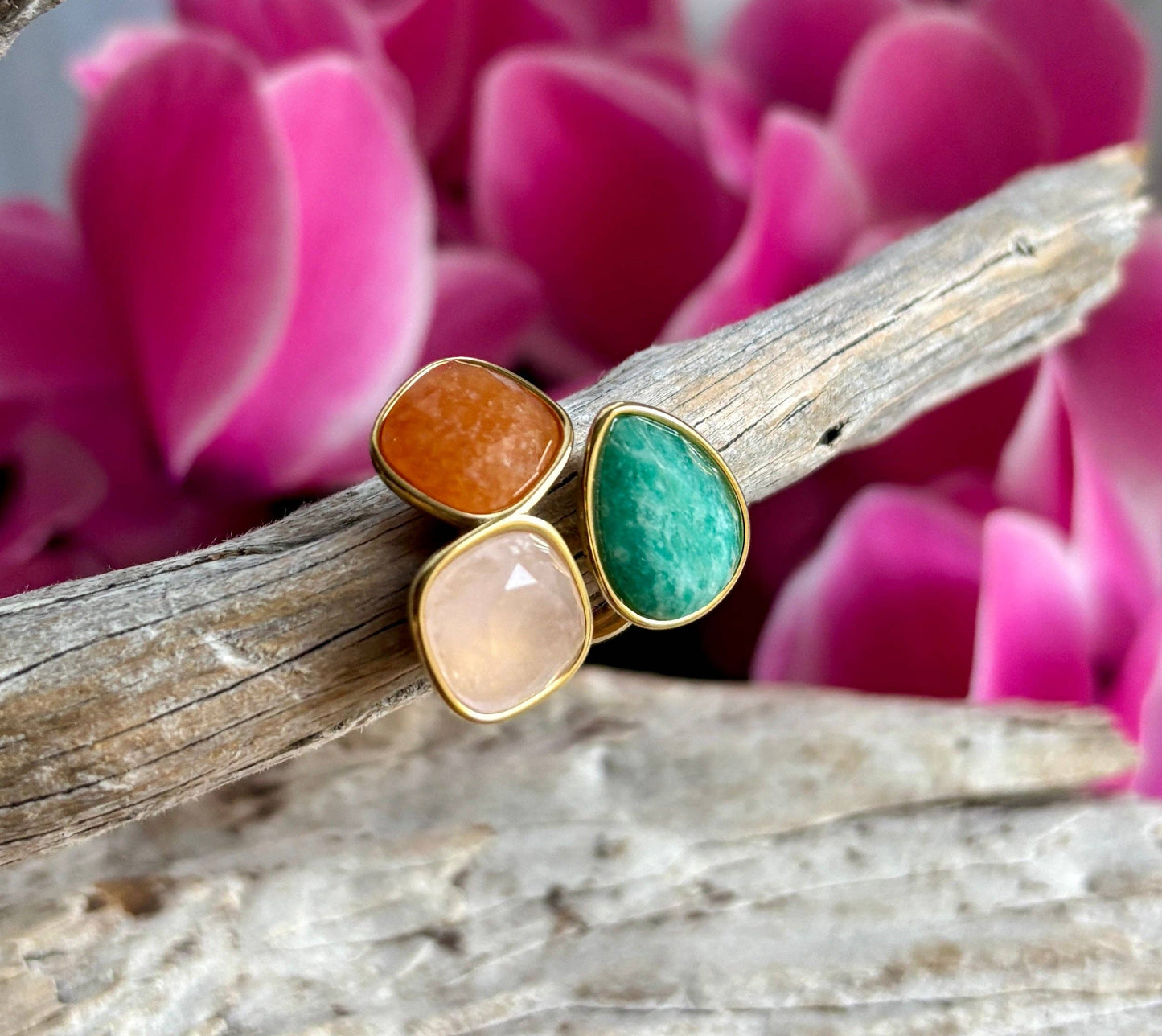 18Ct Gold Plated Faceted Natural Stone Ring Rose Quartz OR52