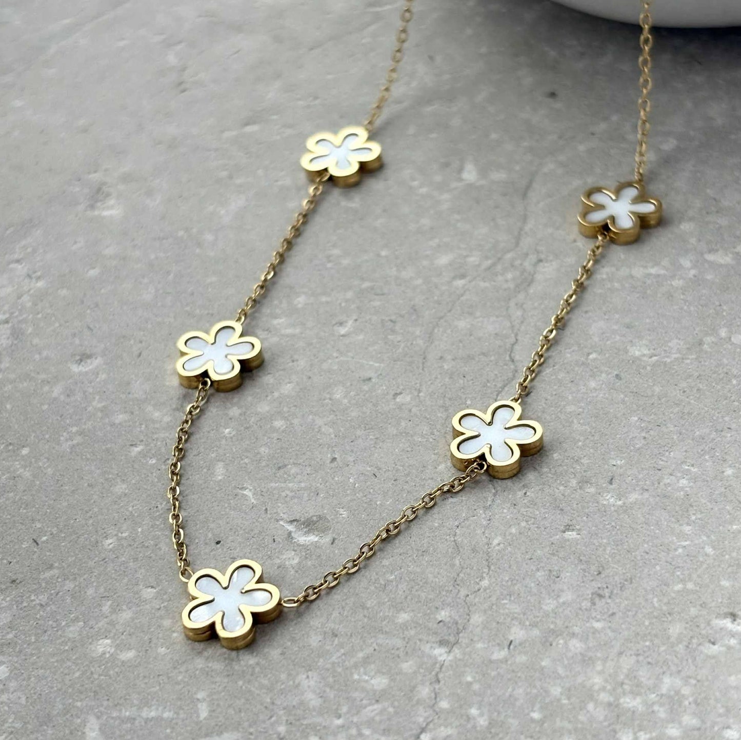 Tarnish Resistant Pearlescent Flower Necklace. FB13