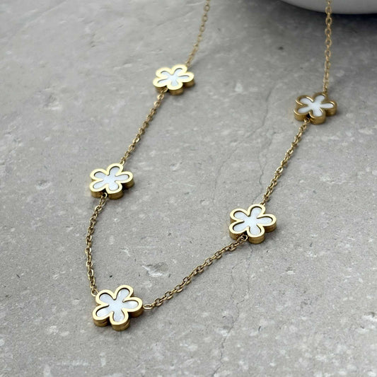 Tarnish Resistant Pearlescent Flower Necklace. FB13