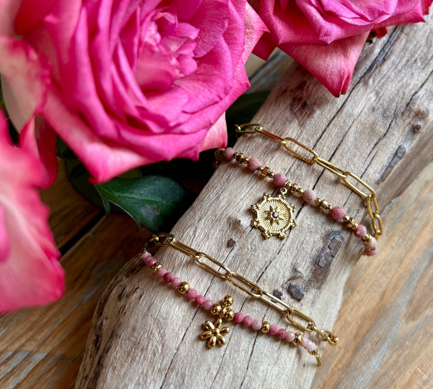 18ct Gold Plated Rhodochrosite Sun Disc Bracelet OR51