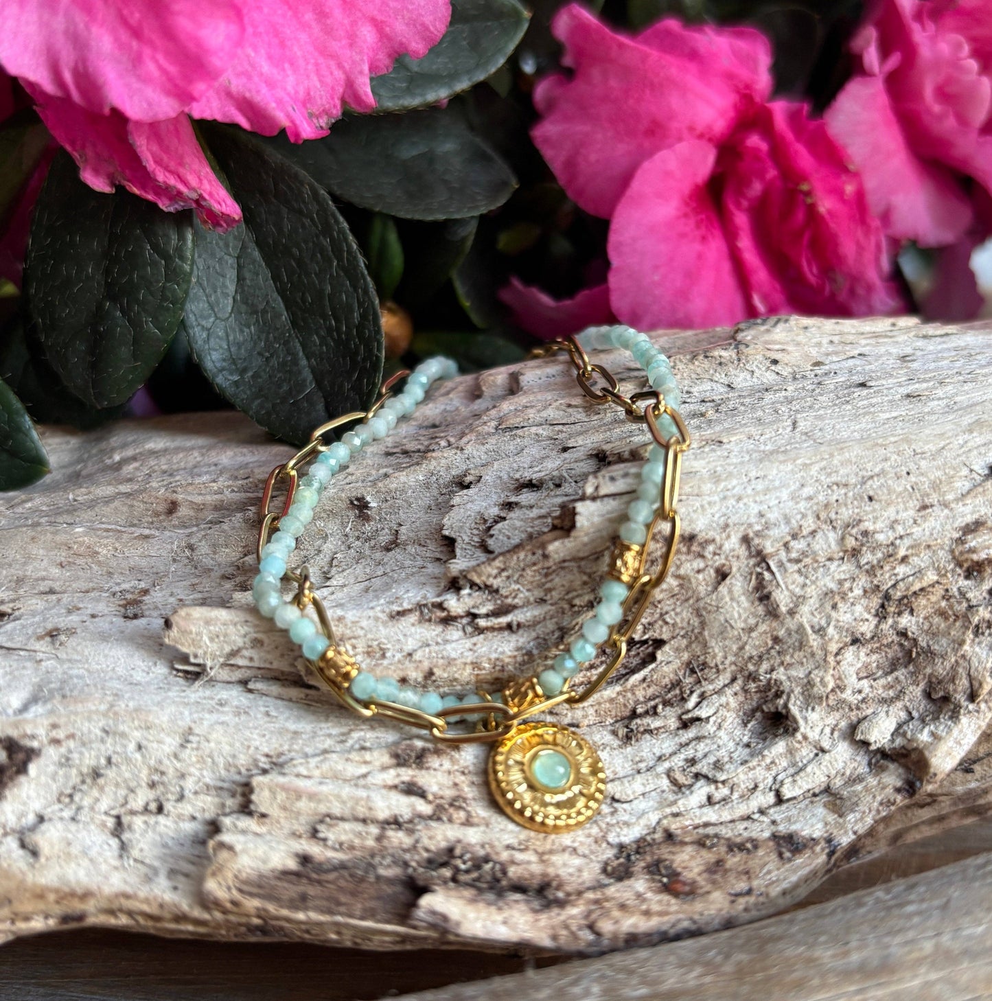 18ct Gold Plated Green Aventurine Gold Disc Bracelet  OR49
