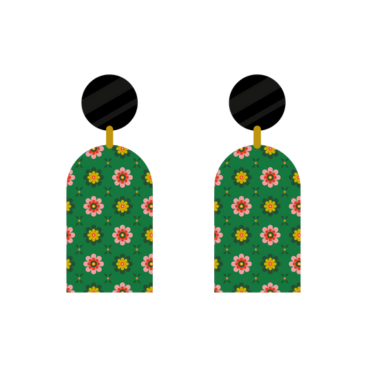 Wooden ‘Green with Pink flowers’ statement earrings
