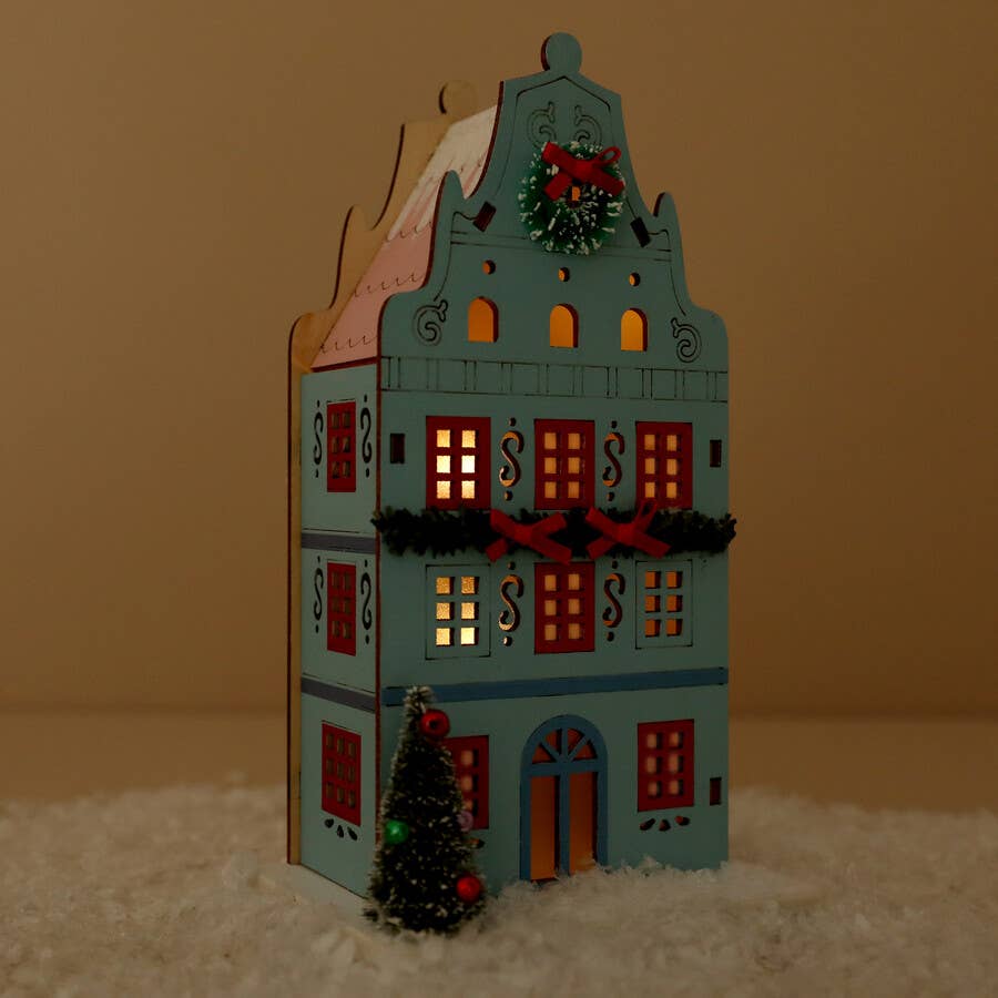 Battery Powered Wooden Blue LED House Light Decoration
