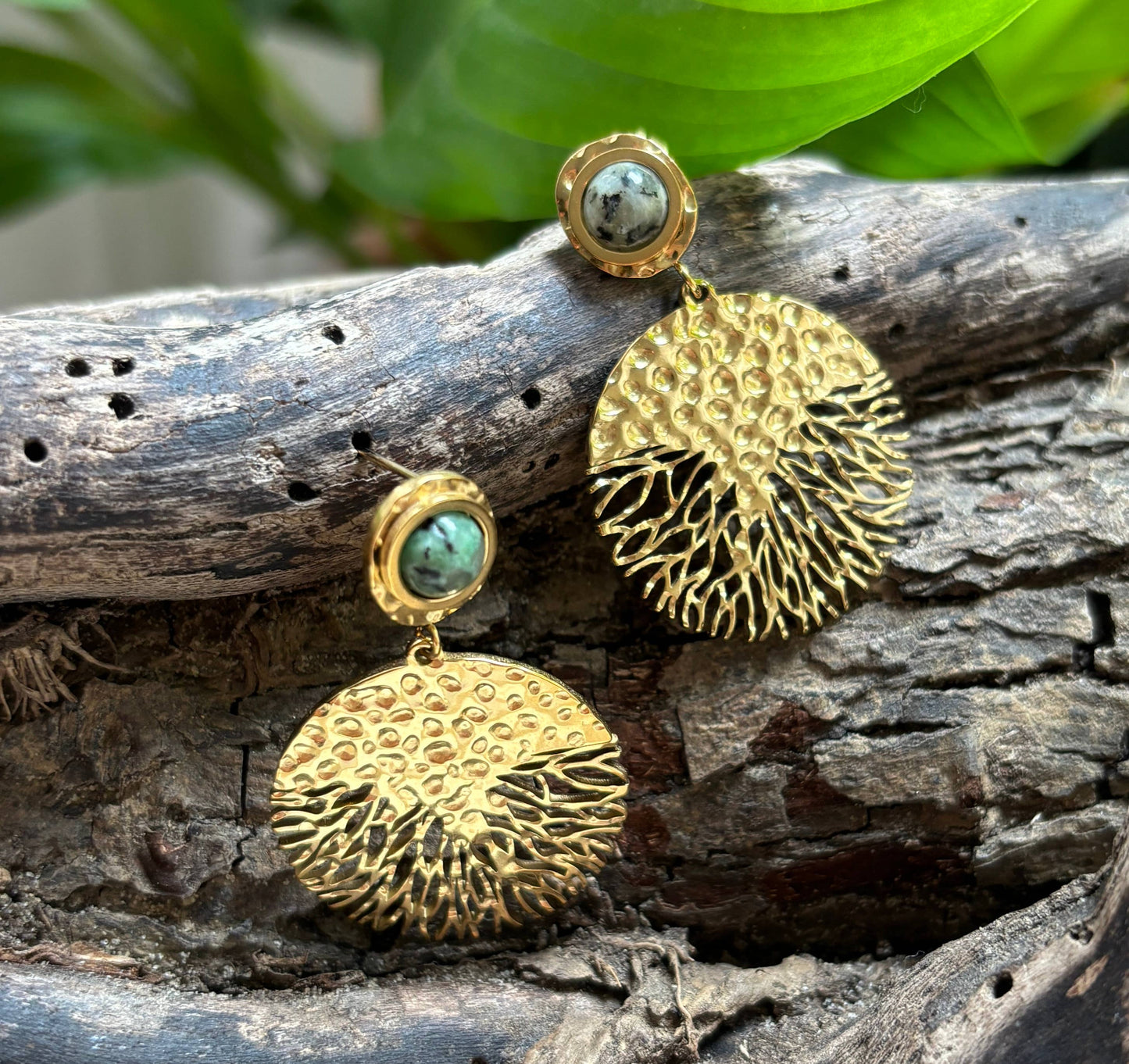 18ct Gold Plated African Turquoise Hammered Drop Earrings OR10